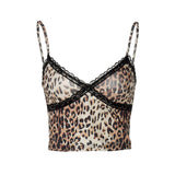 Top camisola sin espalda con estampado de leopardo y dobladillo de encaje con cuello en V 