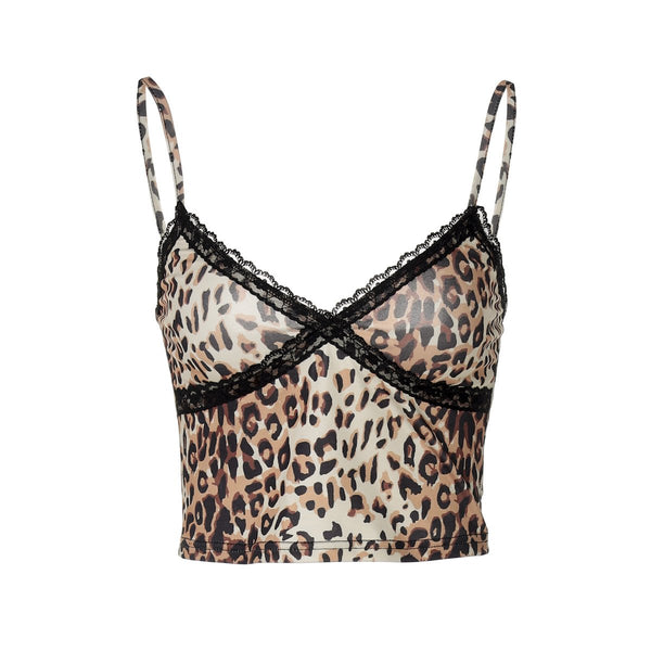 Haut camisole dos nu à imprimé léopard avec ourlet en dentelle et col en V 
