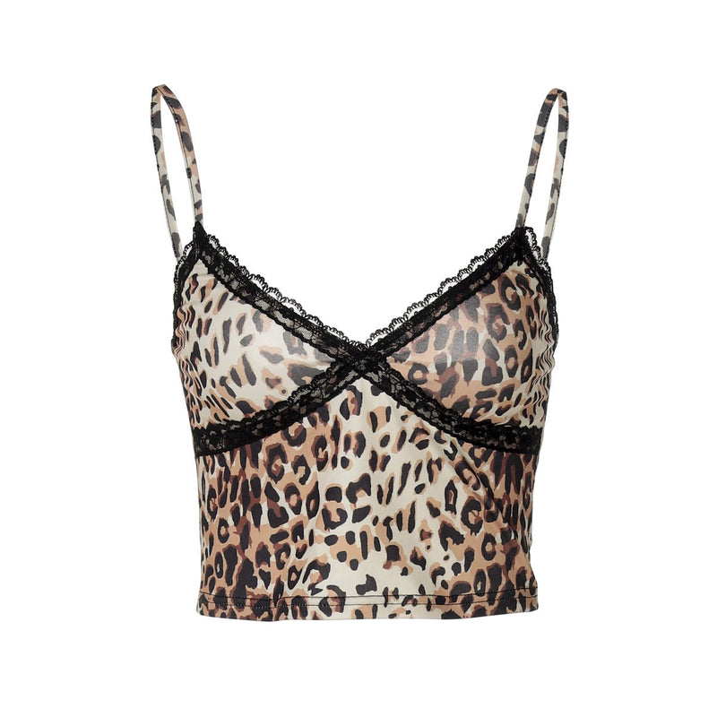 Top camisola sin espalda con estampado de leopardo y dobladillo de encaje con cuello en V 