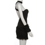 Cross back fluffy halter solid tube mini dress