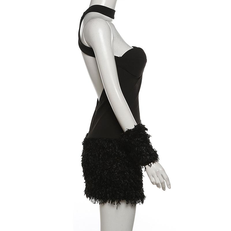 Cross back fluffy halter solid tube mini dress
