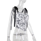 Self tie u neck ribbon print contrast cami top