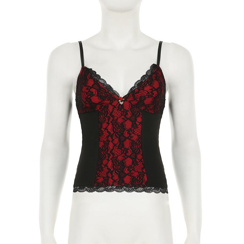 Top camisola sin espalda con apliques de flores y dobladillo de encaje con cuello en V 