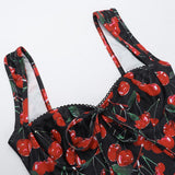 Minivestido sin espalda con estampado de cerezas y cuello en V 