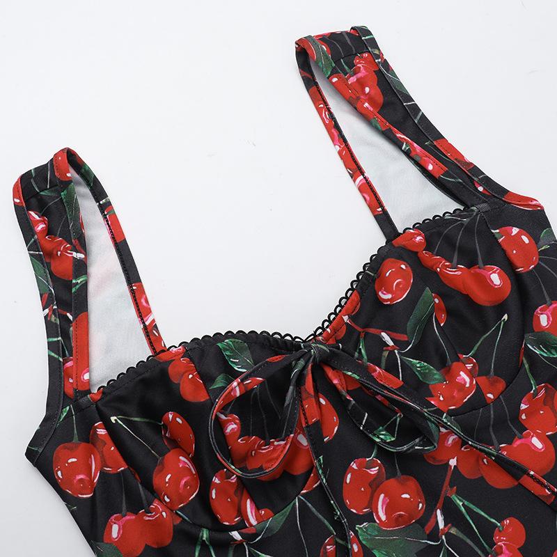 Minivestido sin espalda con estampado de cerezas y cuello en V 