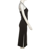 Irregular hollow out halter o ring cami slit midi dress