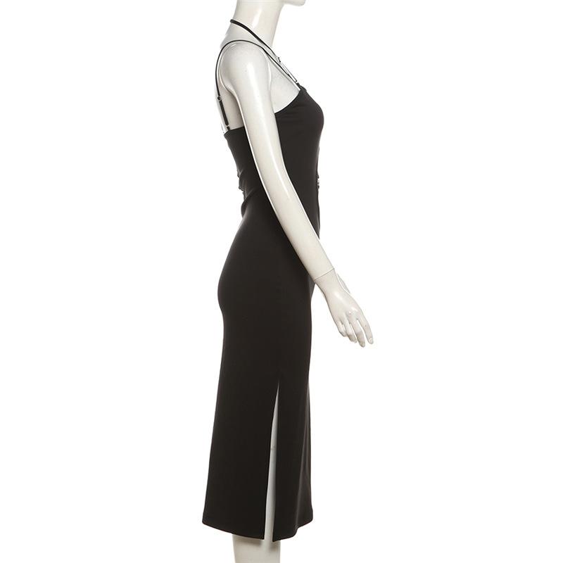 Irregular hollow out halter o ring cami slit midi dress