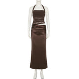 Halter square neck ruched zip-up solid maxi dress