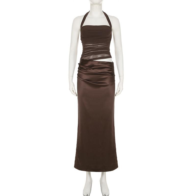 Halter square neck ruched zip-up solid maxi dress