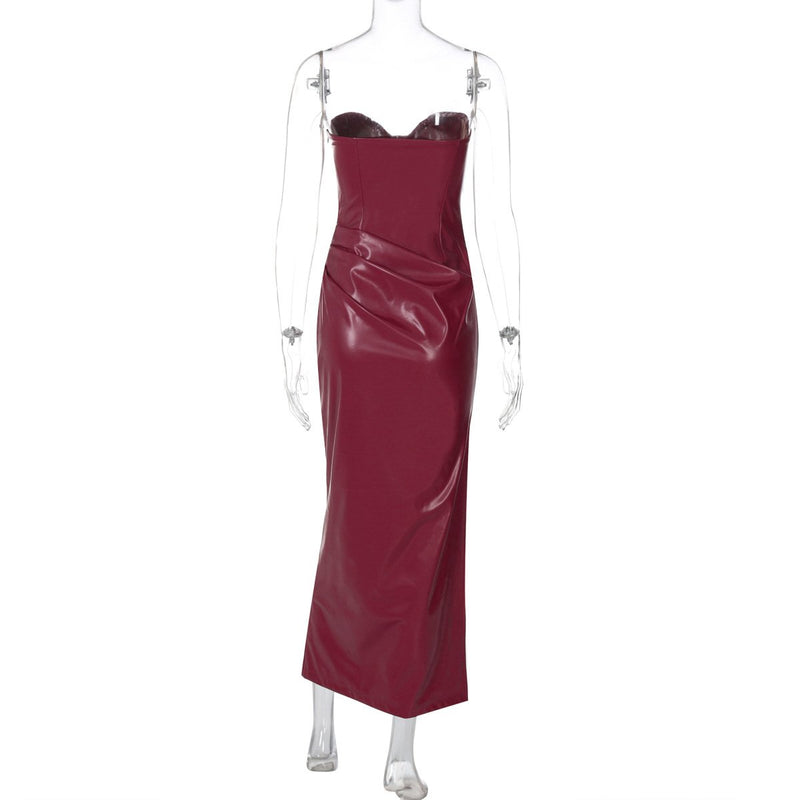 Vestido midi plisado de cuero sintético con cremallera y abertura 