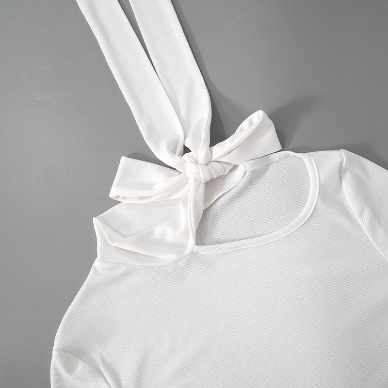 Hollow out bowknot self tie long sleeve solid top