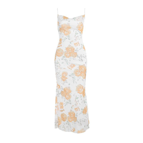 Vestido midi con tirantes finos, estampado floral y cuello vuelto de malla 