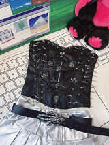 Hollow out PU leather skull applique tube top