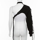 One shoulder long sleeve button irregular buckle top