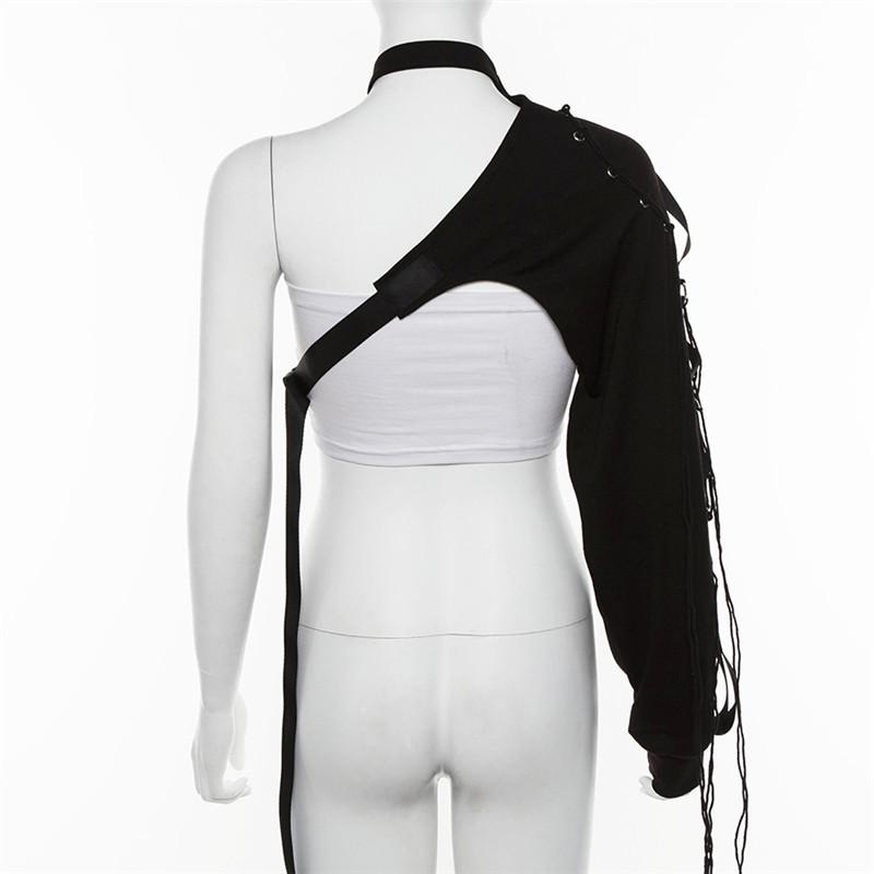 One shoulder long sleeve button irregular buckle top