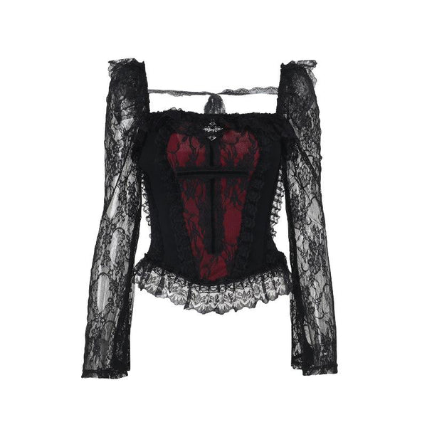 Long sleeve lace hem square neck self tie top