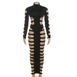 Conjunto de falda maxi con botones, cuello alto y manga larga calada 