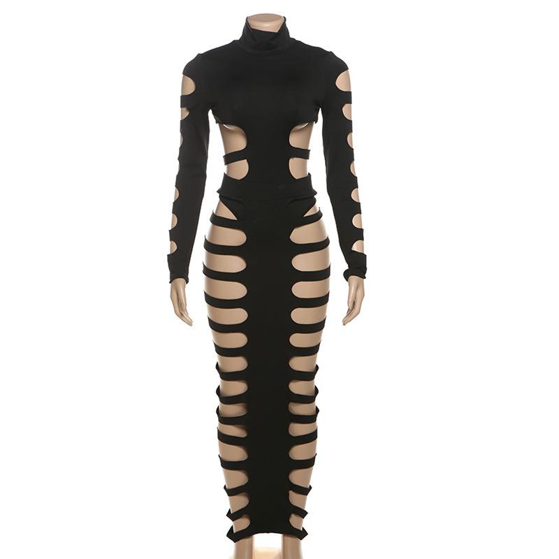 Conjunto de falda maxi con botones, cuello alto y manga larga calada 