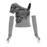Irregular short sleeve gloves butterfly print top