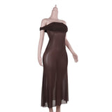 Off shoulder ruched mesh see through maxi dress