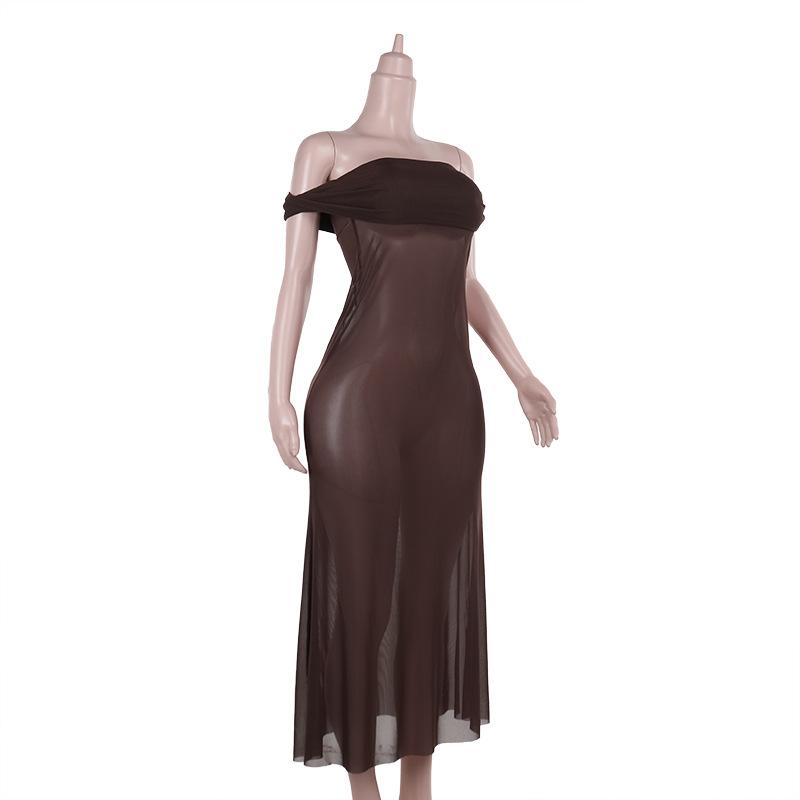 Off shoulder ruched mesh see through maxi dress