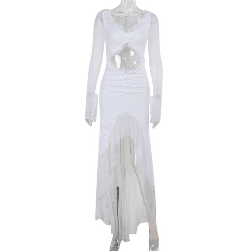 Robe longue en maille à volants et manches longues ajourées 