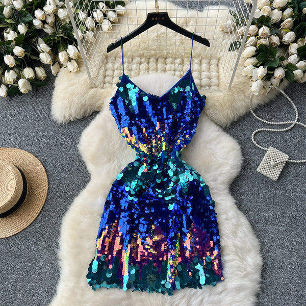 Minivestido con escote en V, tirantes finos, cremallera y espalda descubierta con purpurina 