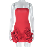 Flower applique solid backless tube mini dress