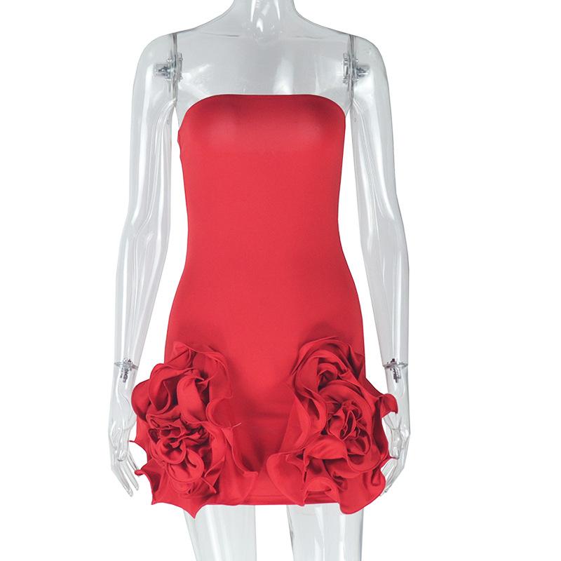 Flower applique solid backless tube mini dress