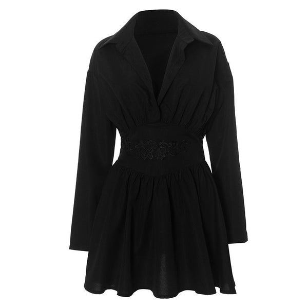 Vestido mini con cuello vuelto, manga larga y cremallera, bordado 