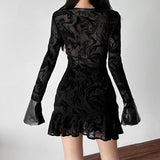 Long sleeve v neck self tie ripple button mini dress