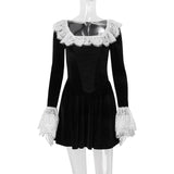 Minivestido de terciopelo con cremallera, dobladillo de encaje y mangas largas acampanadas 