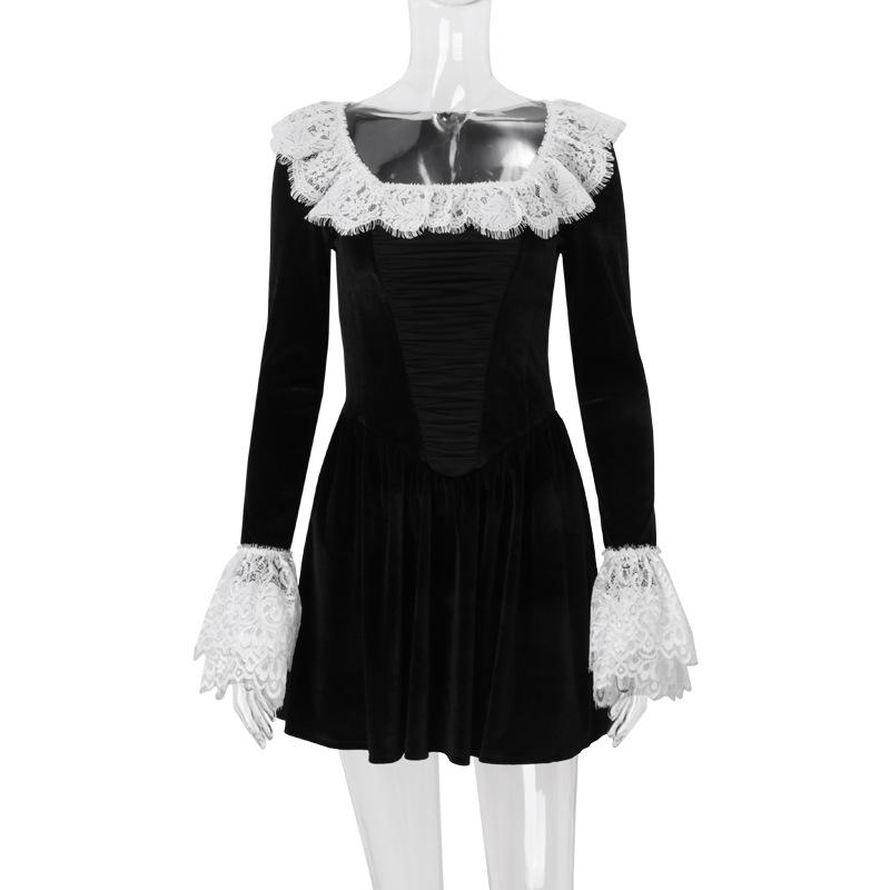 Minivestido de terciopelo con cremallera, dobladillo de encaje y mangas largas acampanadas 
