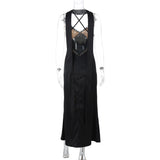 Lace hem v neck zip-up cross back cami maxi dress