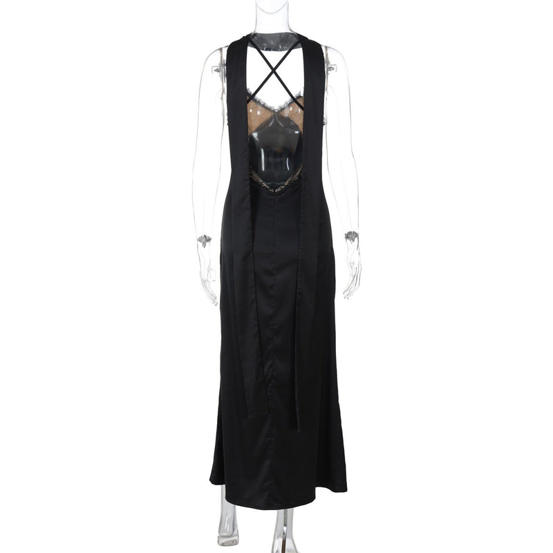 Lace hem v neck zip-up cross back cami maxi dress