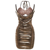 Minivestido halter con aberturas y lazo anudado, con brillo metalizado y fruncido 