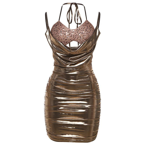 Minivestido halter con aberturas y lazo anudado, con brillo metalizado y fruncido 