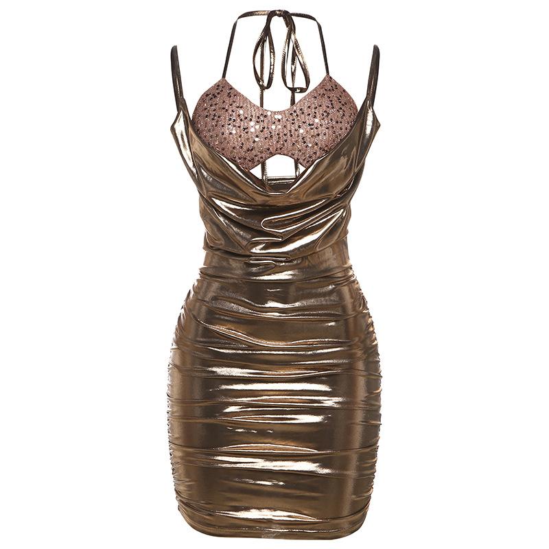 Minivestido halter con aberturas y lazo anudado, con brillo metalizado y fruncido 