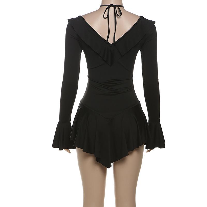 Vestido mini con volantes, cuello en V, manga larga acampanada y lazo anudado 