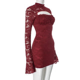 Long flared sleeve hollow out ruched lace mini dress