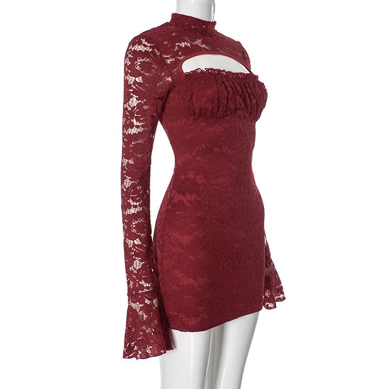 Long flared sleeve hollow out ruched lace mini dress
