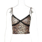 Top camisola sin espalda con estampado de leopardo y dobladillo de encaje con cuello en V 