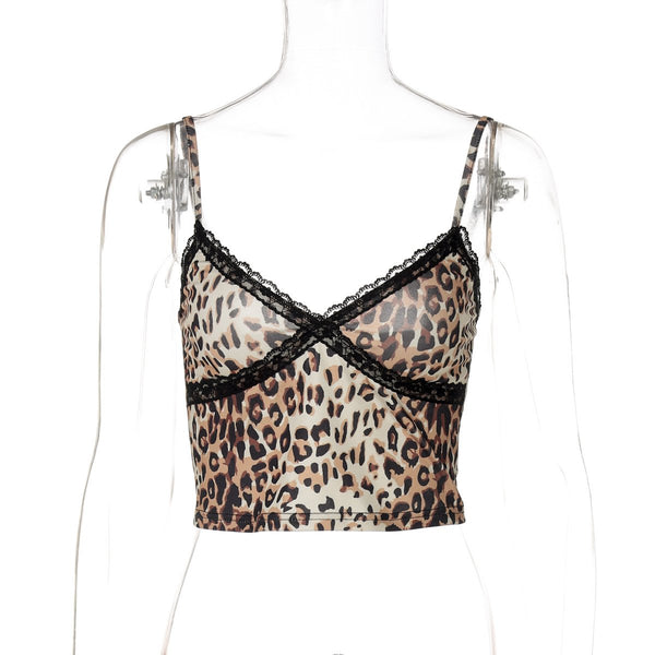 Haut camisole dos nu à imprimé léopard avec ourlet en dentelle et col en V 
