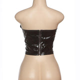 Brown zip-up PU leather backless tube top