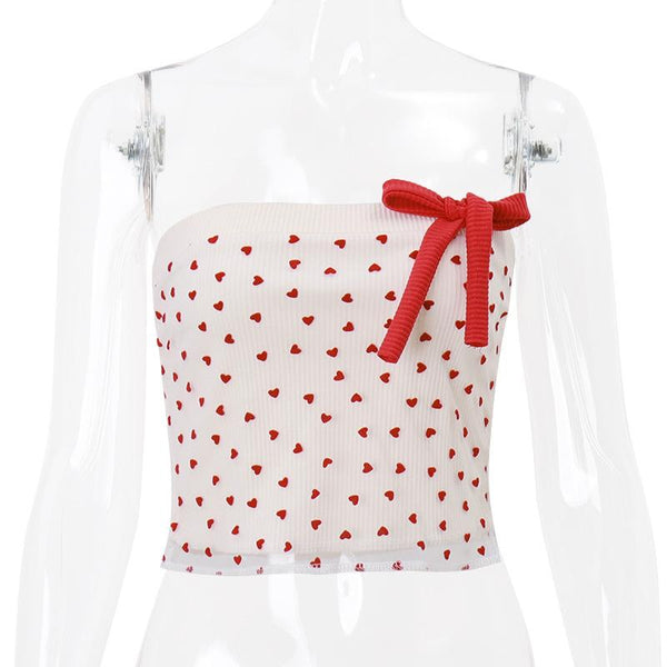 Bowknot applique heart print mesh tube top