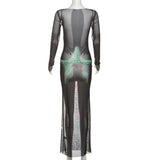 Long sleeve mesh hollow out print see through maxi dress