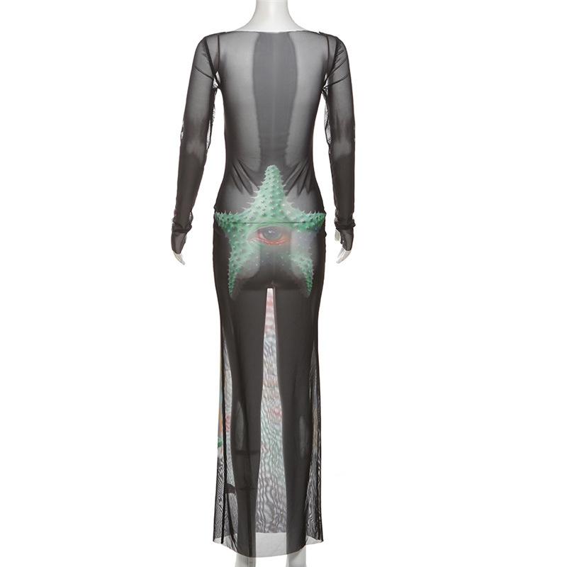 Long sleeve mesh hollow out print see through maxi dress