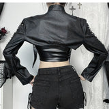 Zip-up long sleeve PU leather rivet applique hollow out top