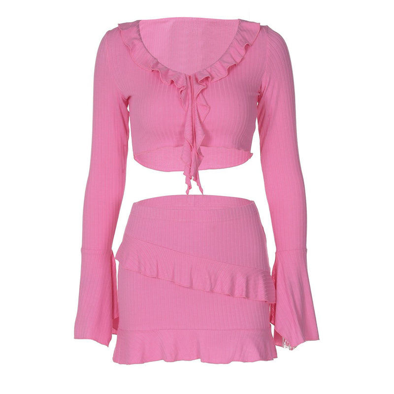Long flared sleeve v neck ruffle slit mini skirt set