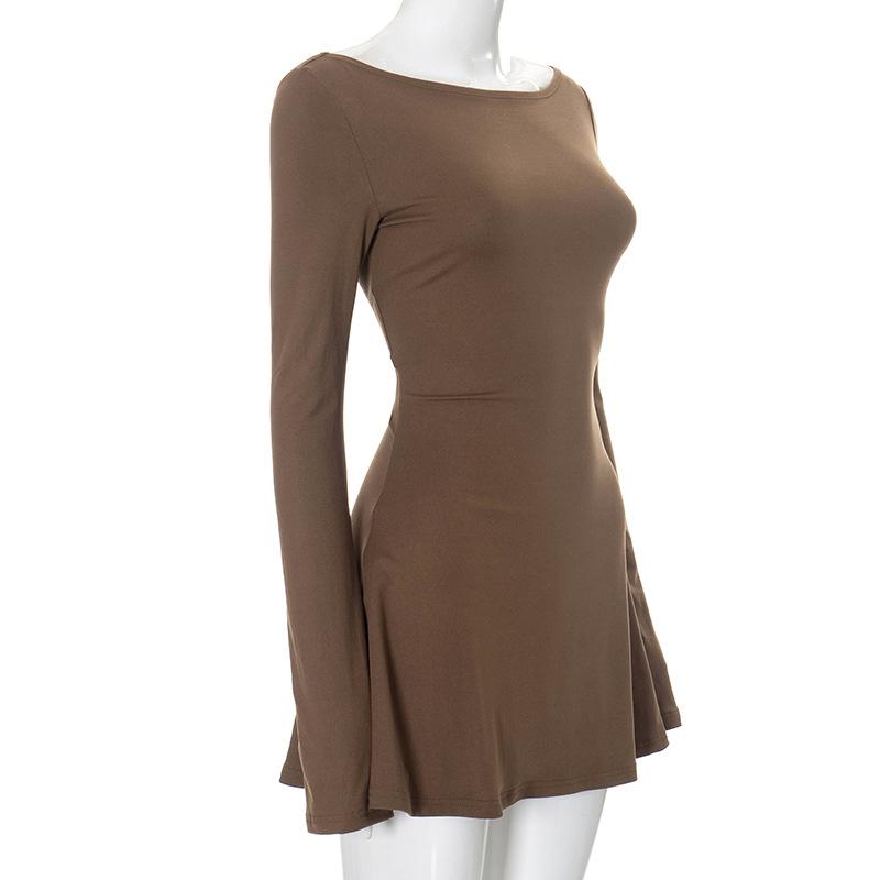 Long sleeve round neck solid mini dress
